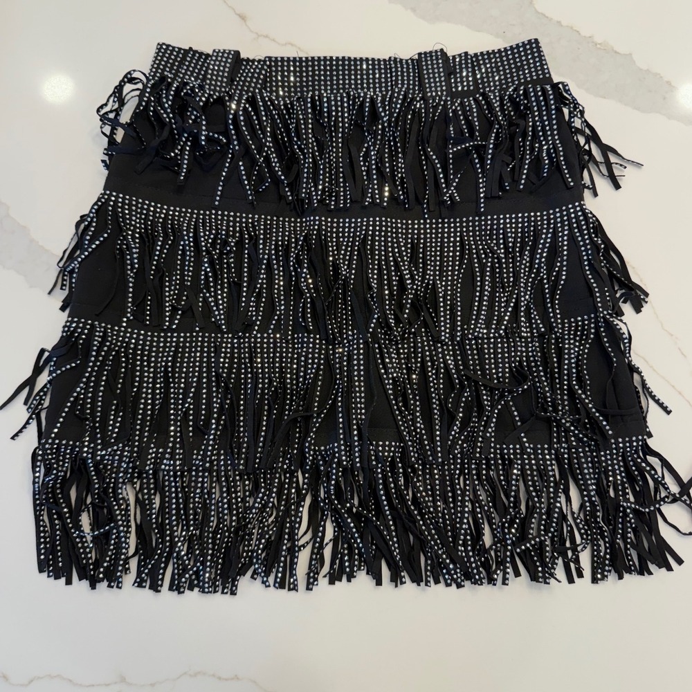 Huo Huo Womens Black Rhinestone Tiered Fringe Mini Skirt Size M 6659 New - Picture 3 of 9